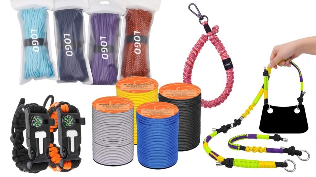 A collection of paracord and various braided items derived from it, import paracord from china.