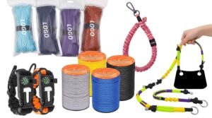 Packaged paracord, cord spools, woven bracelets and colorful straps with clips