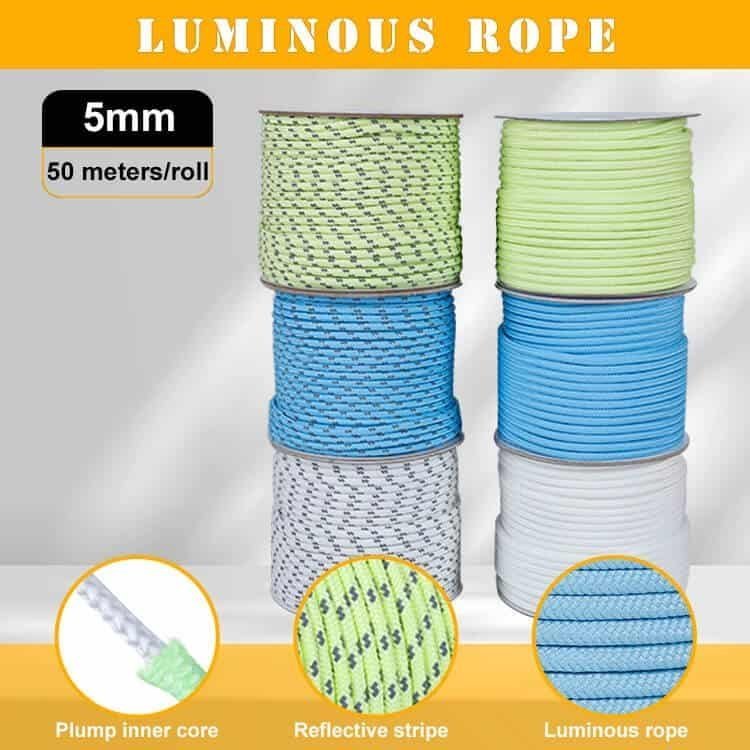 5mm luminous rope spools in green, blue, and white showing reflective stripes and a plump inner core, supplied by a leading bulk paracord manufacturer.