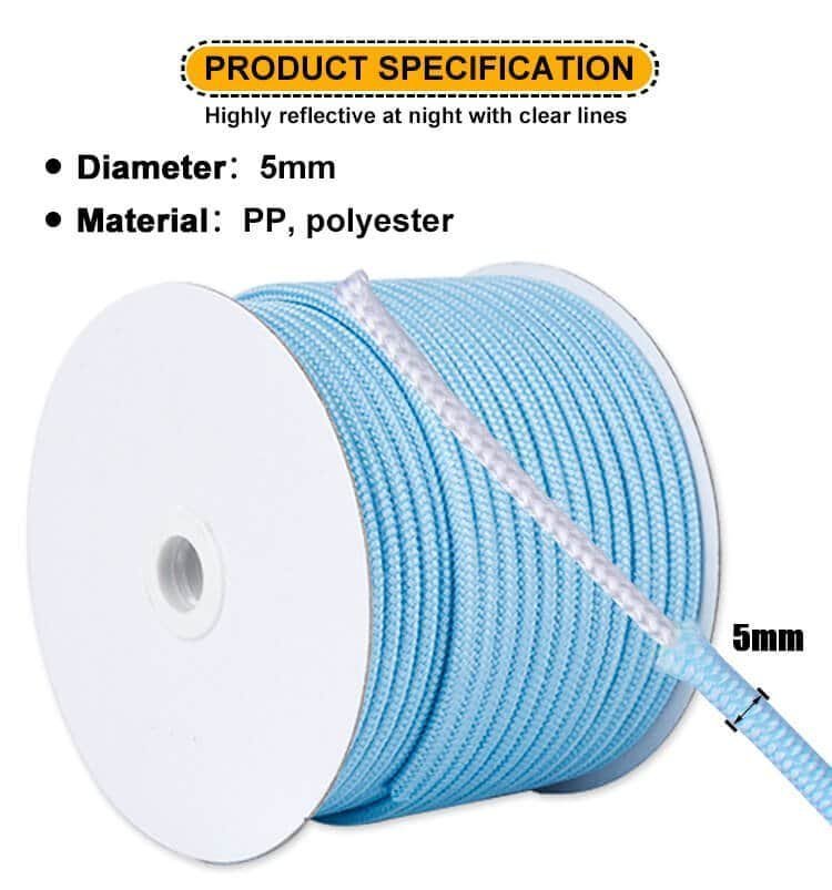 A 50m spool of blue 5mm bulk paracord made of durable PP and polyester, featuring highly reflective tracers for night use.