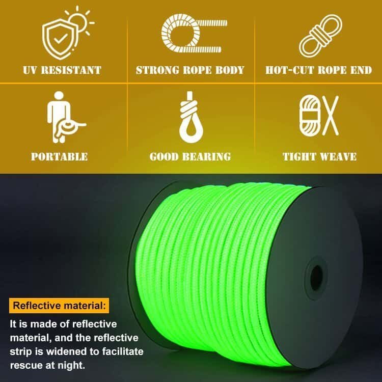 A spool of green glow-in-the-dark cord glowing brightly in the dark, highlighting UV resistant and strong bearing features from a professional paracord manufacturer.