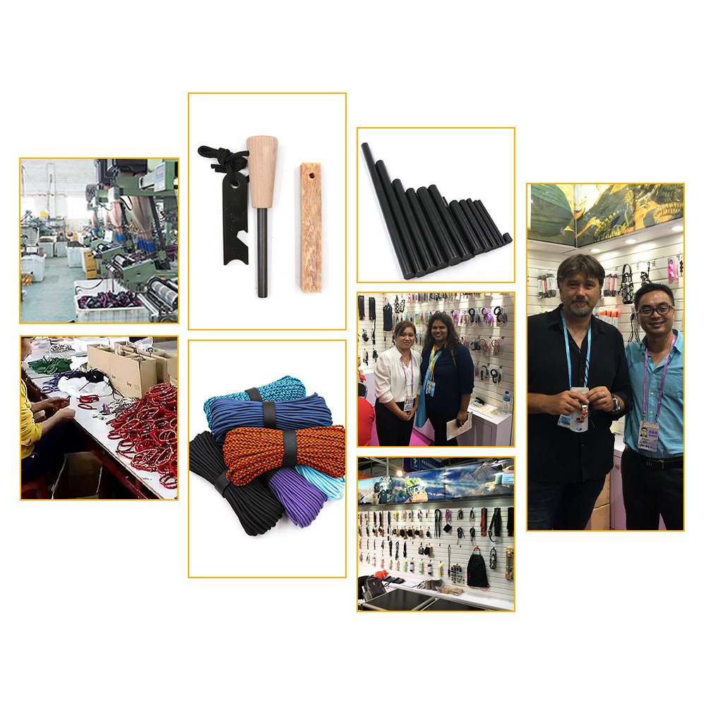 Photo collage of factory workshop, paracord production, and trade show booth visits