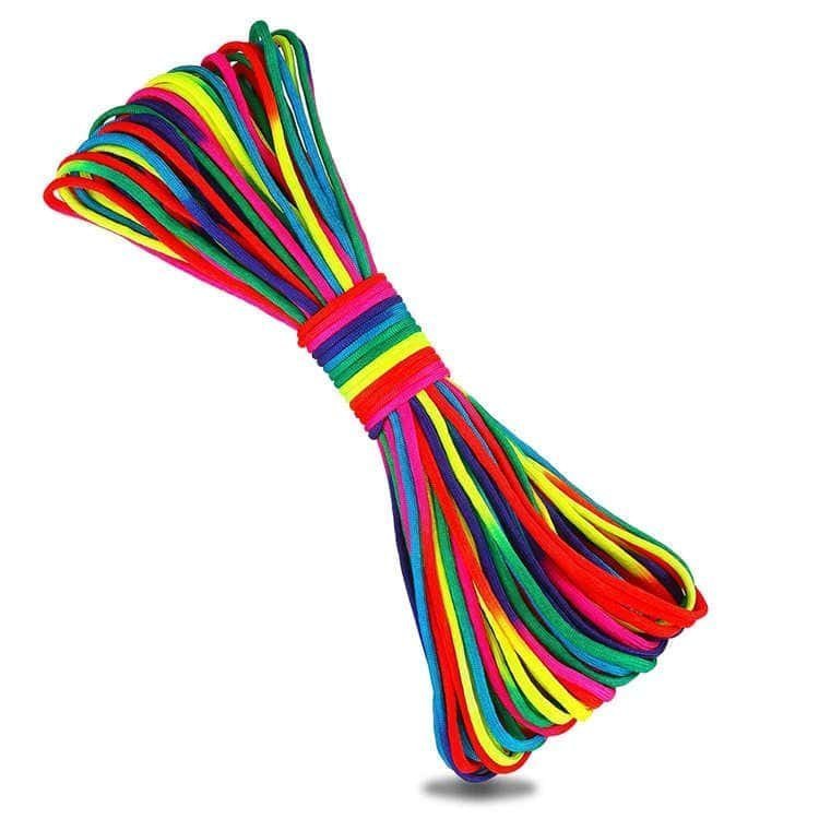 High-quality bulk paracord in a vibrant rainbow color scheme, bundled neatly as a premium survival rope supplied by a professional paracord manufacturer.