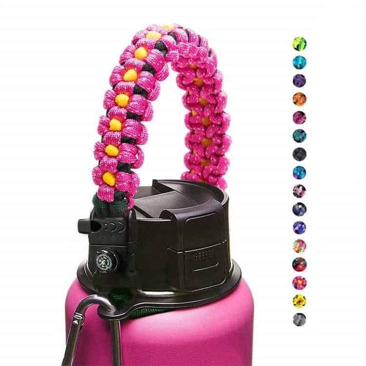 PH04 pink flower pattern paracord bottle handle from wholesale paracord holder supplies with safety ring and carabiner