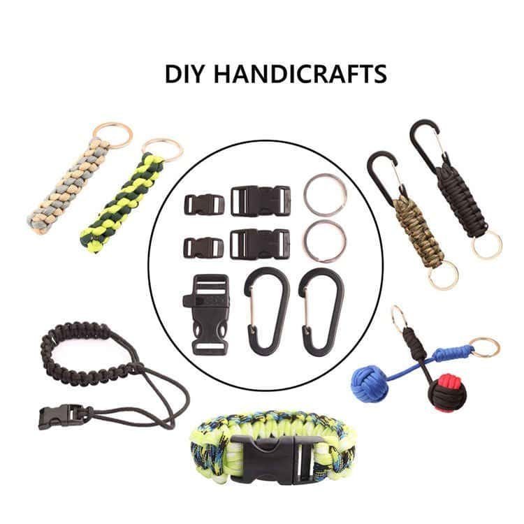 Creative DIY handicraft projects using bulk paracord, showcasing a woven paracord bracelet with buckle, lanyard, camera wrist strap, and keychain crafted from high-quality cord supplies.