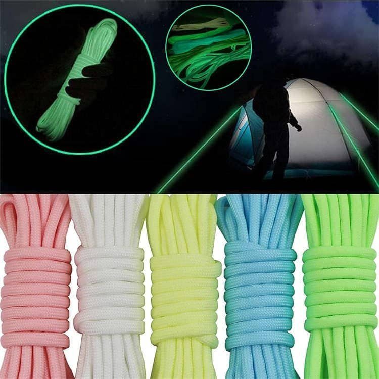 A split-screen comparison showing bulk paracord in daytime pastel colors and its bright green luminescent glow used on a tent guy line at night.