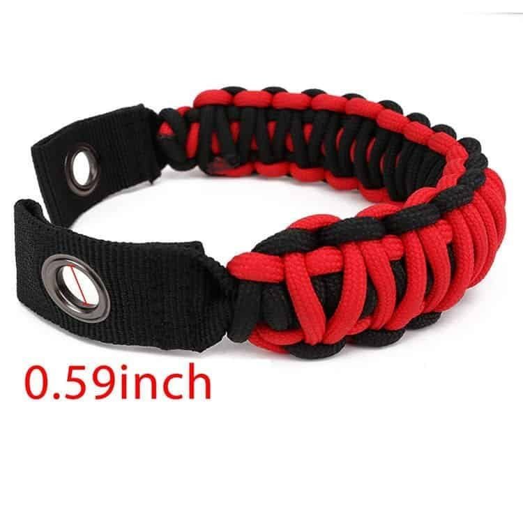 Detail of PH03 red and black braided grab handle with a 0.59 inch metal grommet by a custom paracord holder manufacturer.