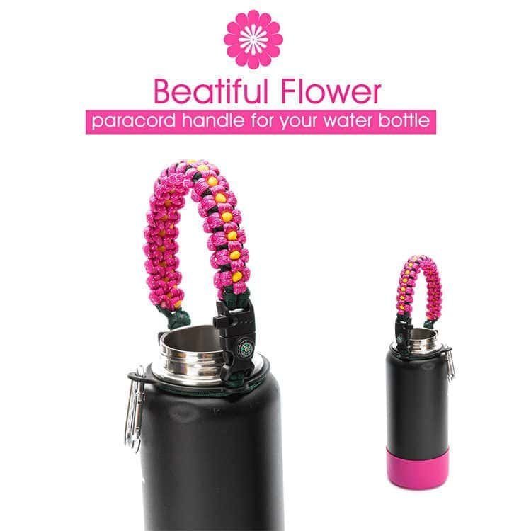Universal water bottle paracord holder supplies featuring durable rubber safety ring, metal carabiner, and braided strap