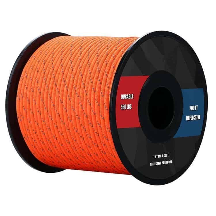 PRD07 200ft orange reflective 550lb paracord spool, a high-quality option for outdoor brands looking for wholesale paracord and tactical rope.