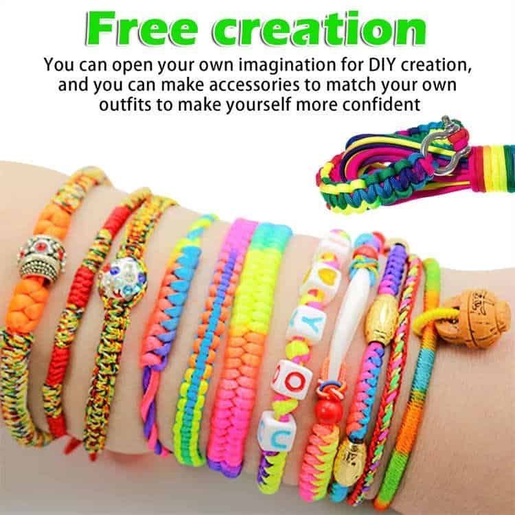 Colorful DIY survival bracelets handcrafted from heavy-duty bulk paracord, highlighting versatile craft applications from a trusted paracord manufacturer.