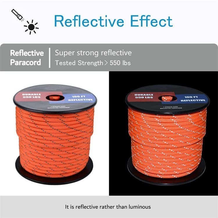 Side-by-side comparison of PRD07 orange reflective paracord under daylight and in darkness, demonstrating high-visibility features of our premium paracord supplies.