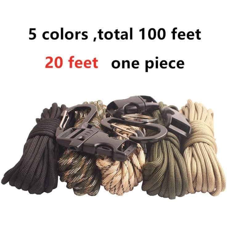 A bundled set of 5 tactical colors totaling 100 feet of bulk paracord premium cordage, stacked together with heavy-duty plastic buckles and metal keyrings for outdoor retail packaging.
