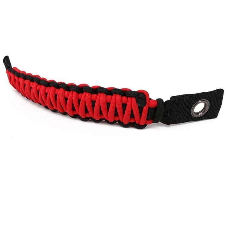 Curved view of PH03 hand-woven paracord holder with metal eyelets for automotive and vehicle seat installation.