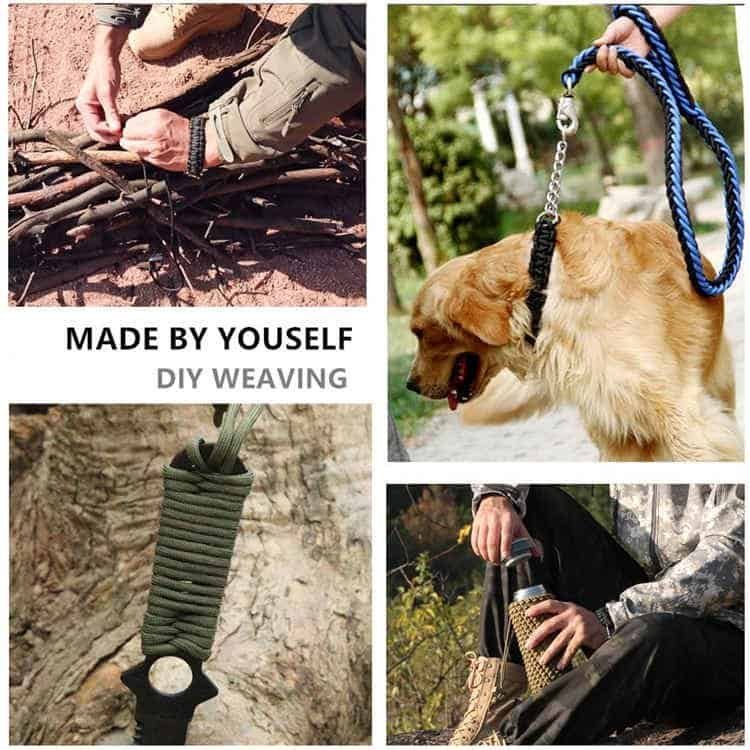 Multiple tactical and survival applications of bulk paracord, illustrating DIY weaving for a watch band, dog leash, knife handle wrap, and an insulated water bottle carrier.