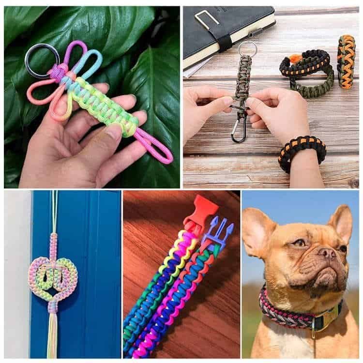 A collage showing multi-use applications of bulk paracord, including woven keychains, survival bracelets, and pet collars from a B2B paracord manufacturer.