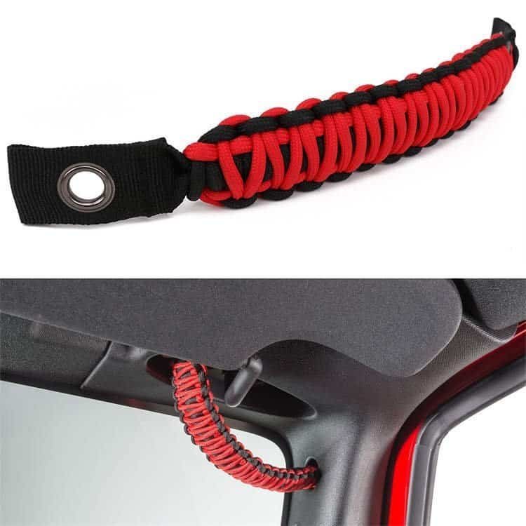 Side profile of durable red and black paracord grab handle PH03 for wholesale auto and survival accessories.