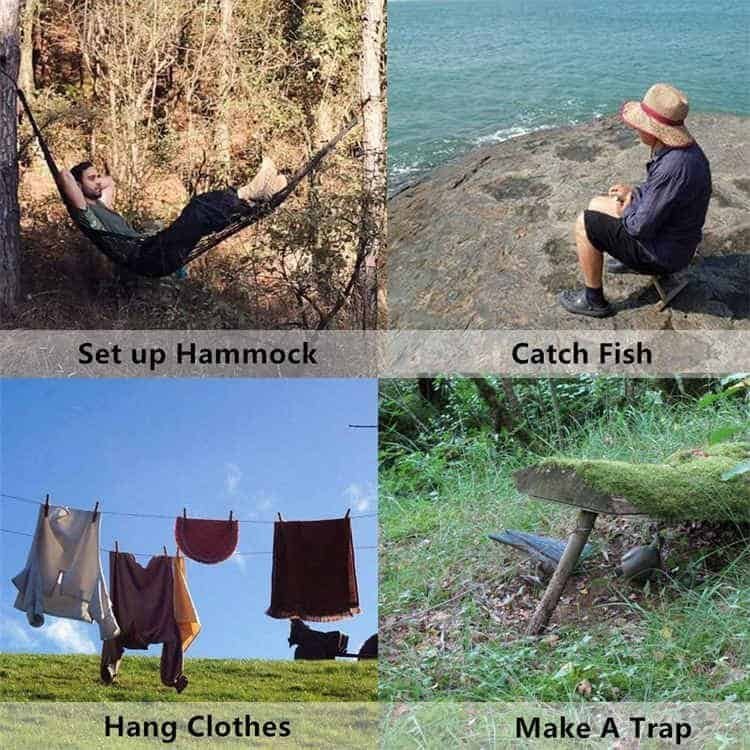 Outdoor survival scenarios featuring heavy-duty cordage from a certified paracord manufacturer, demonstrating how to set up a hammock, catch fish, hang clothes, and make a wilderness trap.