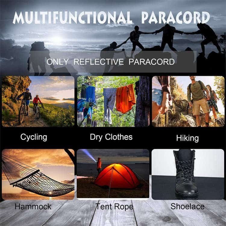 Multi-purpose applications of PRD07 reflective wholesale paracord for camping, cycling, tent ropes, hammocks, hiking, and shoelaces.