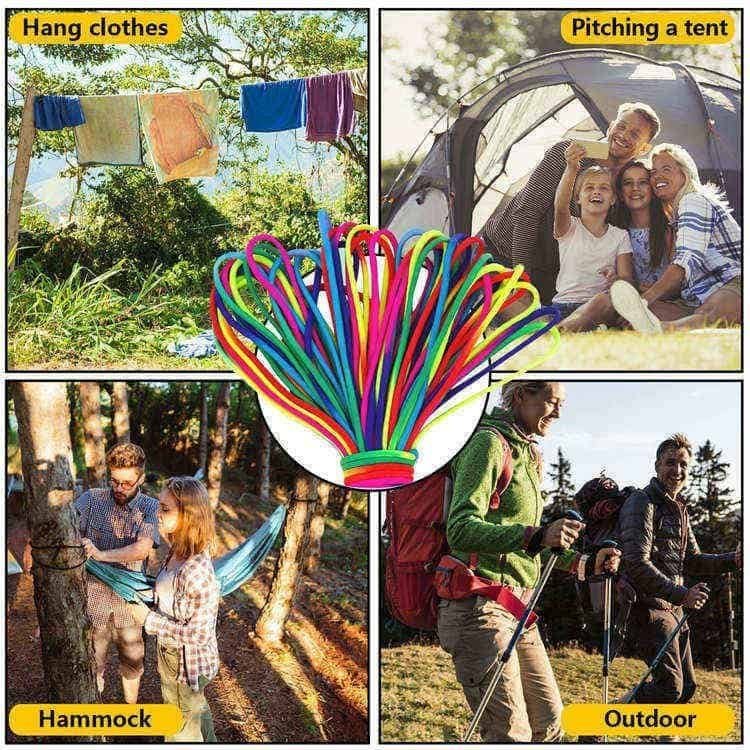 Multi-functional outdoor scenes of bulk paracord used for hanging clothes, pitching tents, rigging hammocks, and trekking, direct from a professional paracord manufacturer.