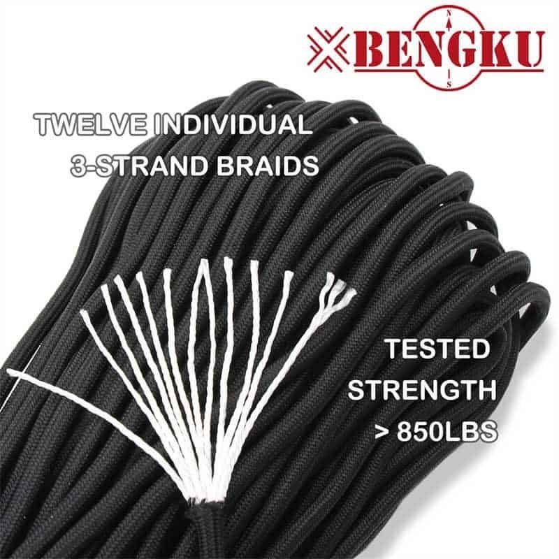 Close-up texture details of black bulk paracord revealing twelve individual 3-strand braids inside the core, boasting a tested strength greater than 850 LBS.