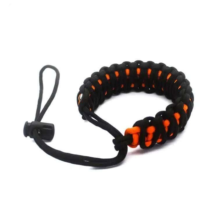 Black and orange woven paracord lanyard supplies for DSLR camera safety and drop protection