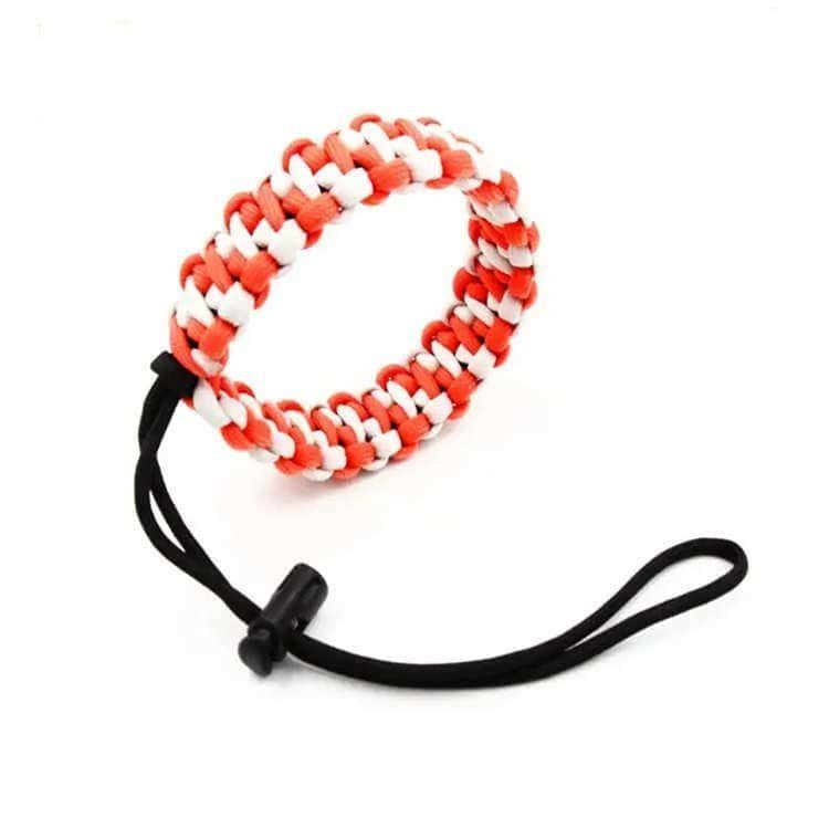 Red and white paracord camera wrist lanyard with quick-adjust slide lock from paracord lanyard bulk supplier