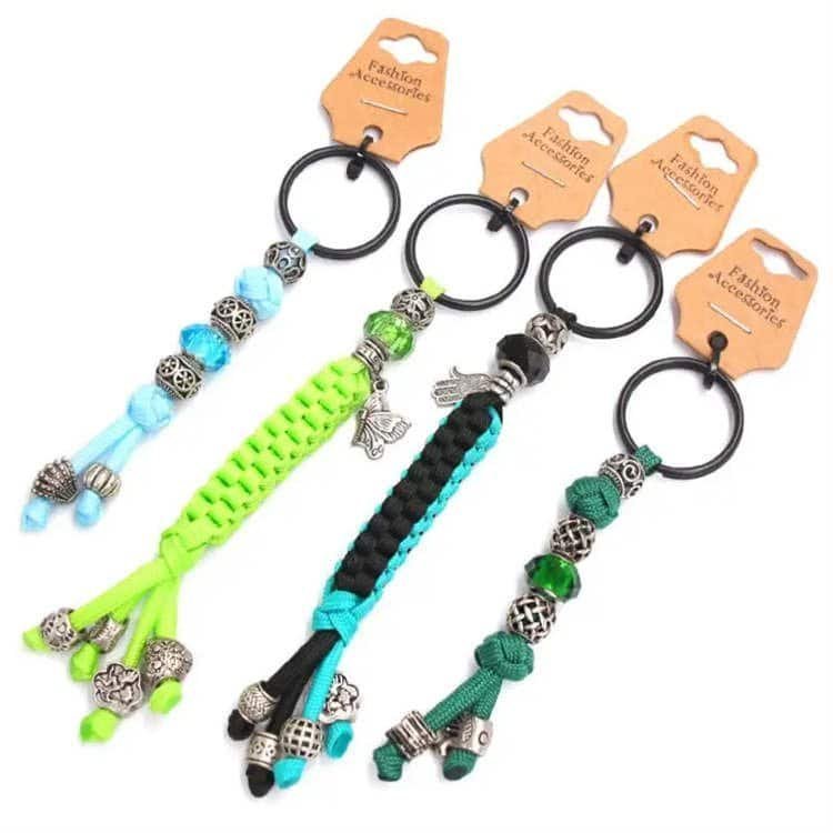 Fashion-style PK01 paracord keychains with decorative alloy beads custom-made by a professional paracord manufacturer with bulk paracord.