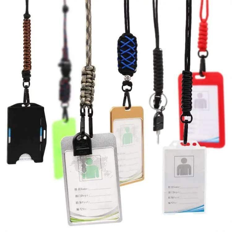 Custom ID badge holders with multi-color braided lanyards supplied by a leading paracord lanyard manufacturer.