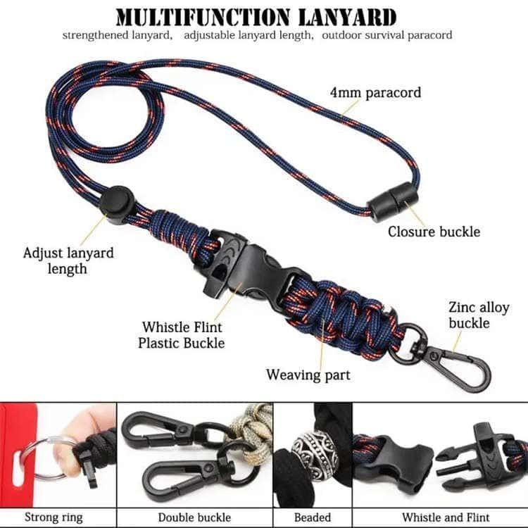 Multifunctional PL06 wholesale paracord lanyard featuring an adjustable cord lock, zinc alloy buckle, and integrated whistle flint buckle.