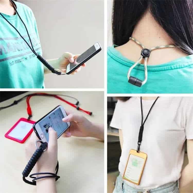Daily use scenarios of PL06 neck lanyard for holding smartphones and ID card holders by a certified paracord lanyard manufacturer.