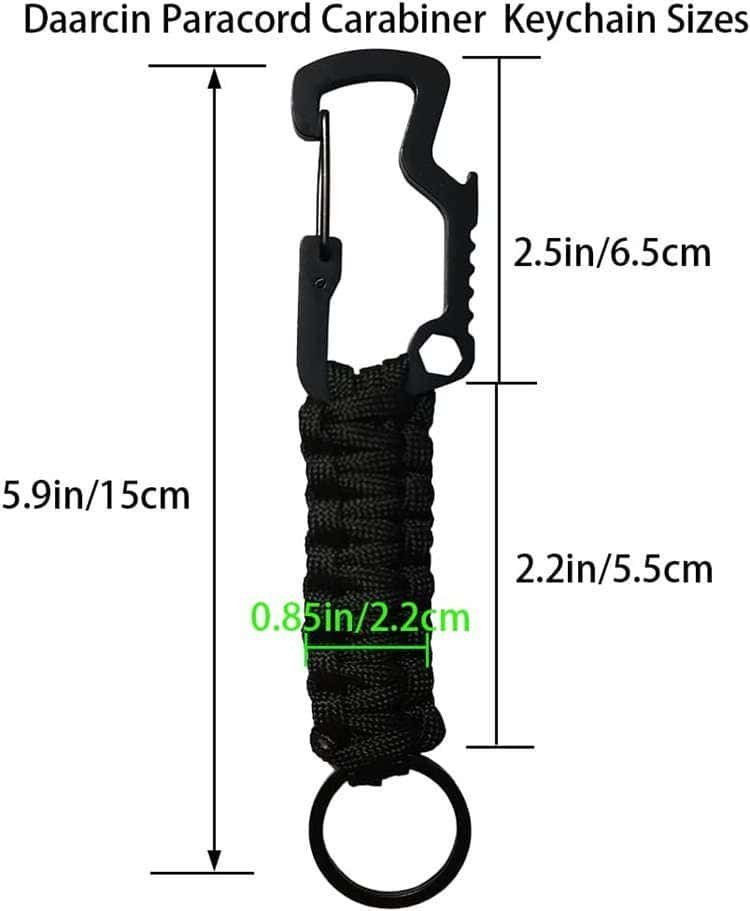Dimensions of PK04 tactical paracord carabiner keychain for bulk paracord supplies