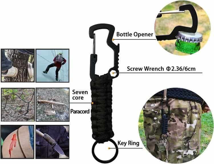 Multi-angle product showcase of PK04 wholesale paracord carabiner keychain with key ring
