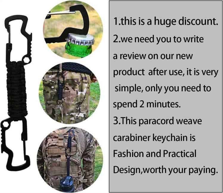 Feature breakdown showing bottle opener and hex wrench on PK04 paracord supplies keychain