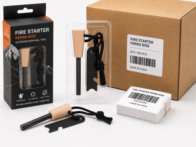 Wood-handled ferro rods, strikers, retail packaging, and barcode labels.