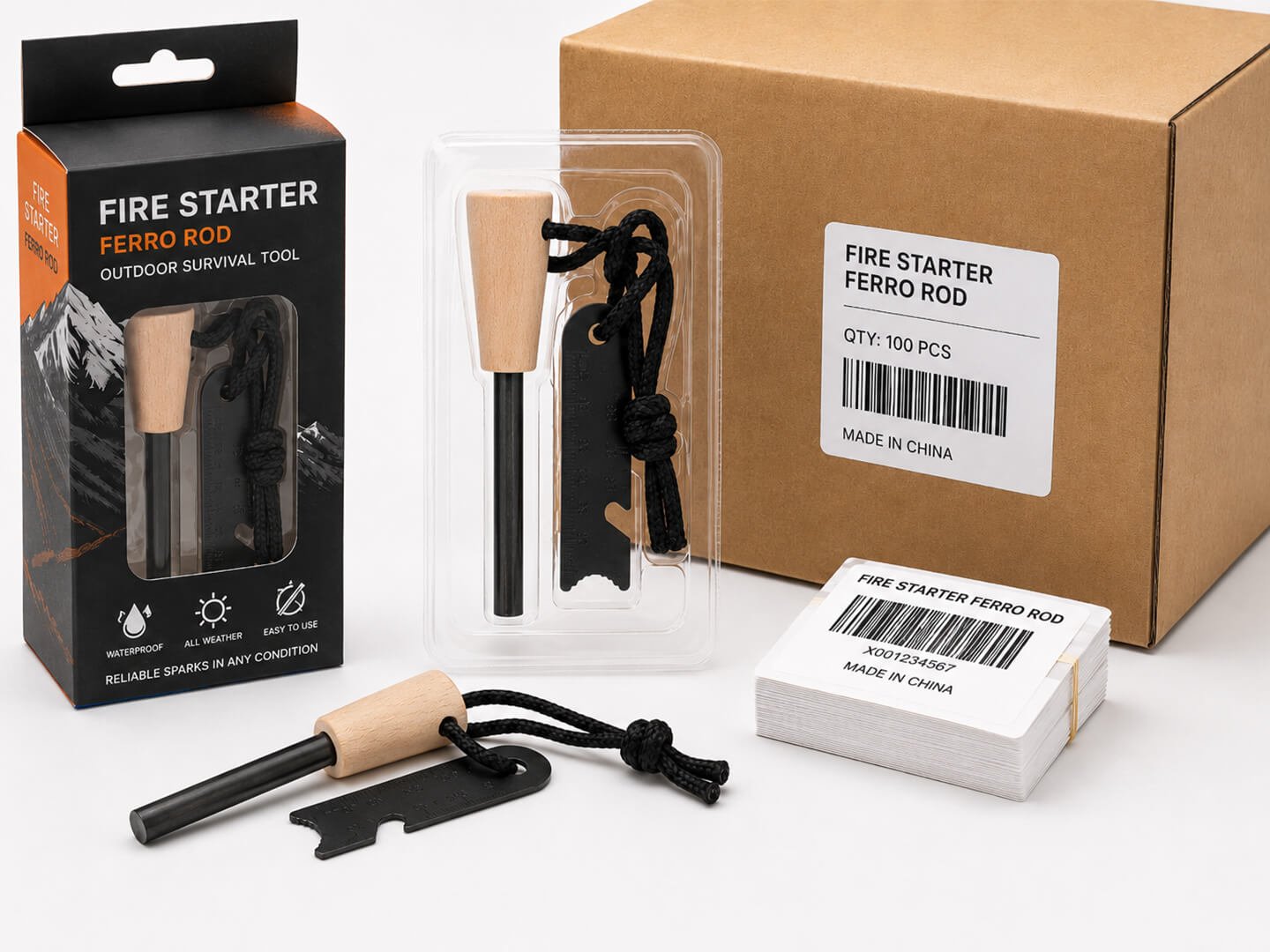 Wood-handled ferro rods, strikers, retail packaging, and barcode labels.