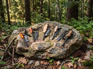 Five ferro rods with different handles, matching strikers, and black lanyards.