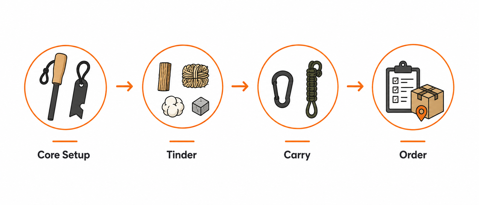Icon diagram of core setup, tinder, carry, and order steps