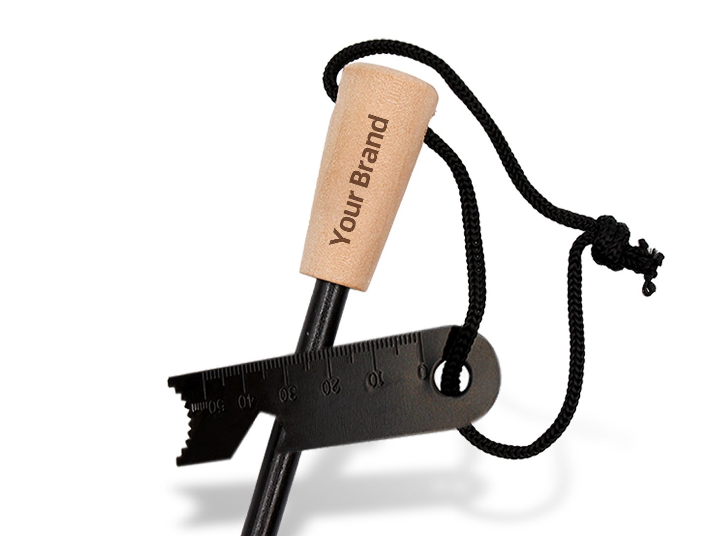 Wood handle ferro rod engraved with a custom Your Brand placeholder