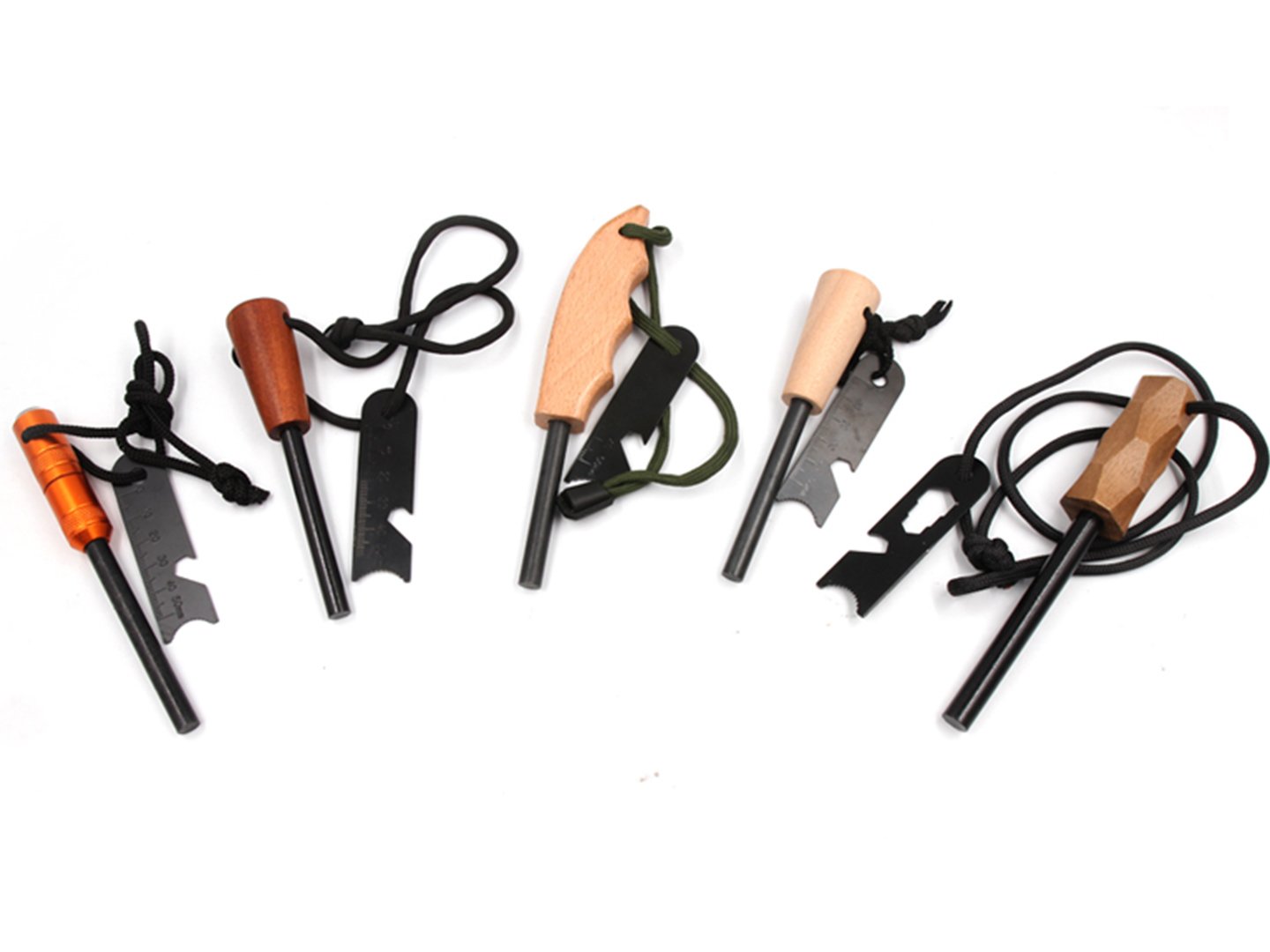 Five ferro rod handle styles in different colors and materials