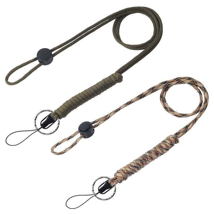 Army green and camo paracord lanyard supplies featuring split rings, adjustable cord locks, and phone tethers.