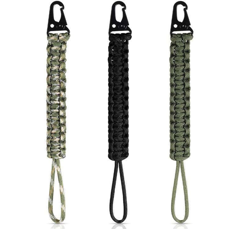 PL02 wholesale paracord lanyard set in black, army green, and camo supplied directly by a professional paracord lanyard manufacturer.