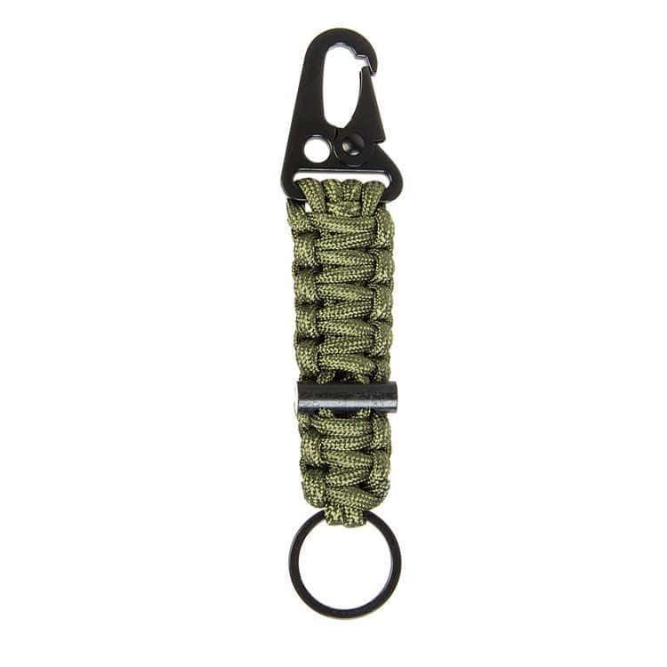 PK05 tactical survival keychain with green braided lanyard, metal clip, and mini fire stick by bulk paracord manufacturer