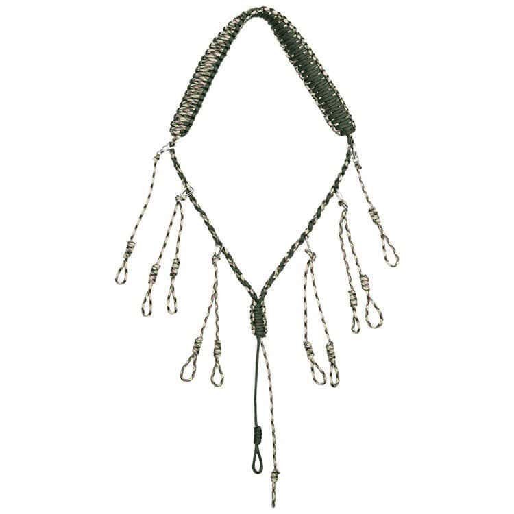 PL08 wholesale paracord lanyard with 1.25-inch wide braided neck strap, 6 removable clips, and 12 adjustable loops produced by a professional paracord lanyard manufacturer.