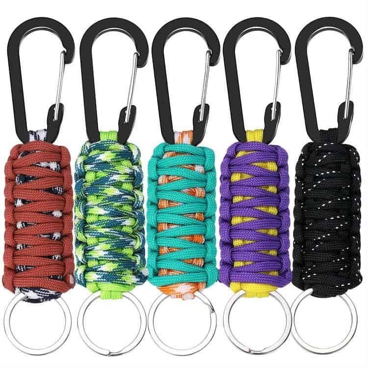 PK03 survival paracord keychain set in multiple woven colors produced by a specialized paracord manufacturer.