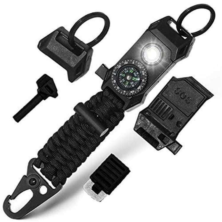 PK02 11-in-1 survival keychain with compass, LED light, and ferro rod from trusted wholesale paracord manufacturers.