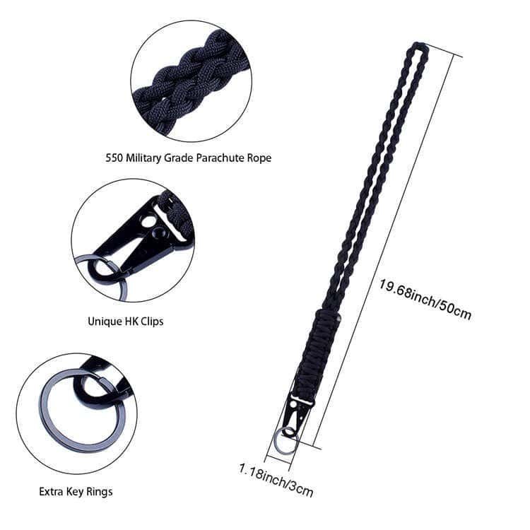 Detailed dimensions of PL03 paracord lanyard bulk showing 19.68 inch 50cm military grade 550 parachute rope, black HK clips, and 1.18 inch 3cm key ring