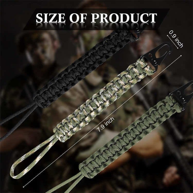 Product dimensions of PL02 wholesale paracord lanyard showing 7.9 inch length and 0.9 inch width with heavy-duty clip.