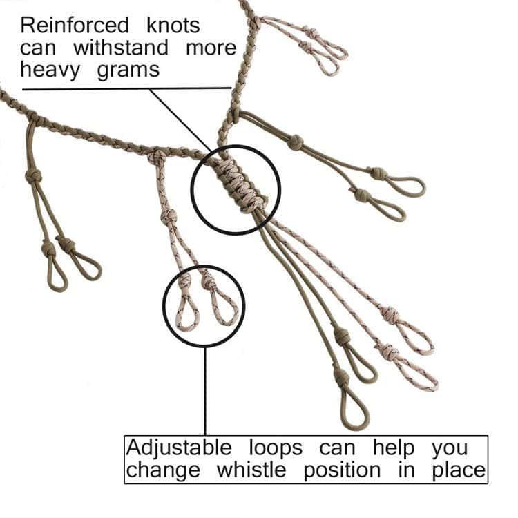 Close-up of reinforced heavy-duty knots and adjustable loops made by an expert paracord lanyard manufacturer.