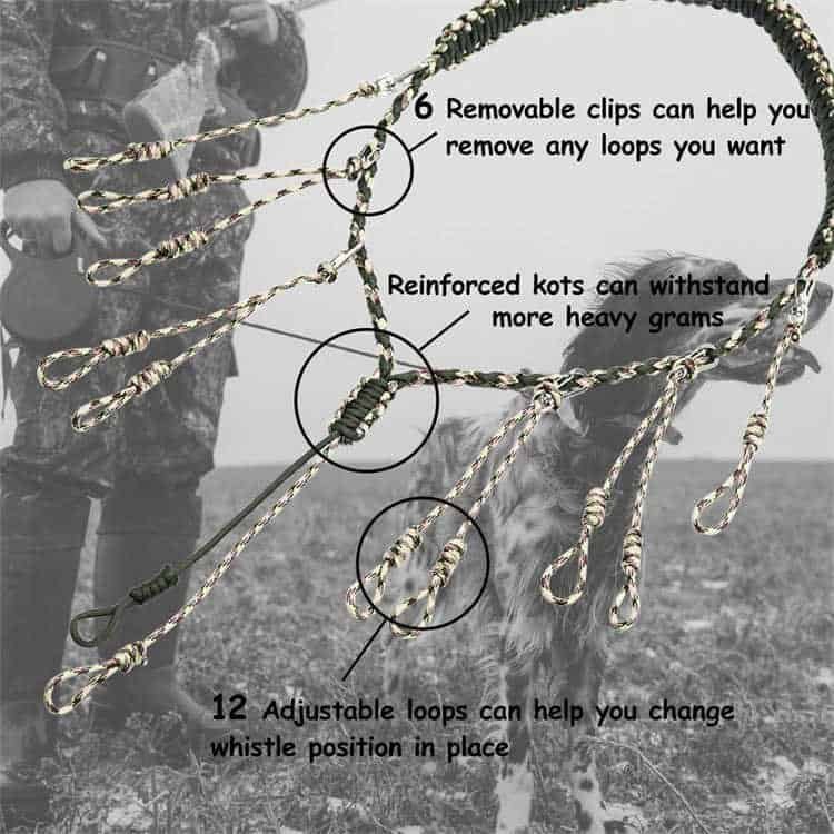 Detailed structure of the PL08 wholesale paracord lanyard showcasing 6 removable clips, reinforced knots, and 12 adjustable call drops.