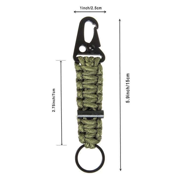 PK05 paracord fire starter keychain size diagram showing 5.9 inch total length and 2.75 inch bulk paracord section